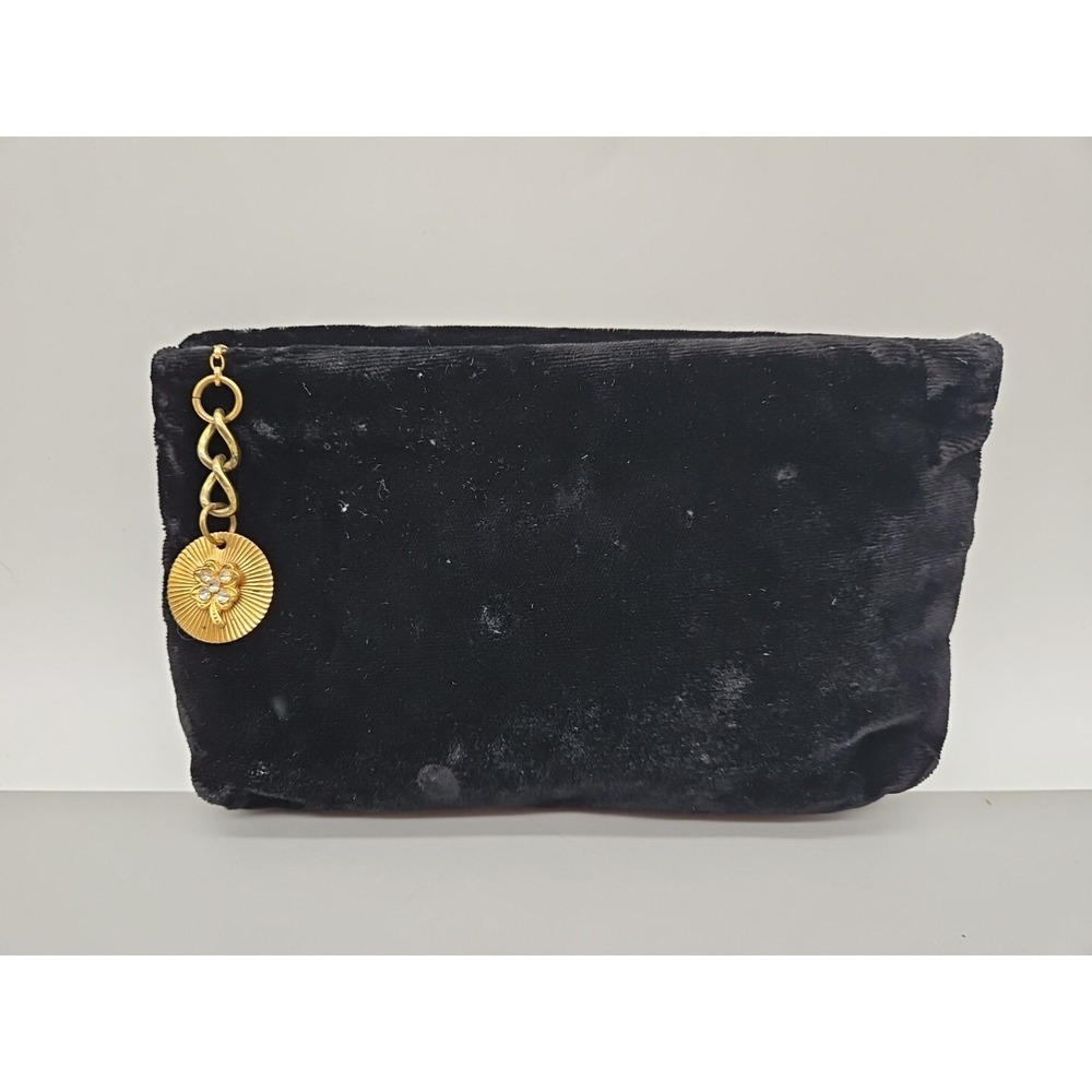 Vintage Black Velvet Clutch With Gold Tone Zipper &‎ Rinestone Shamrock Charm
